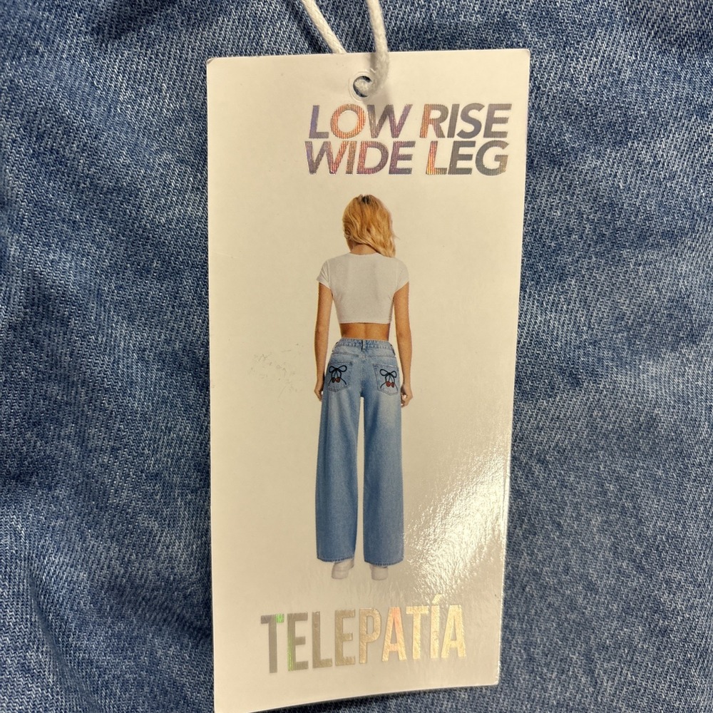NWT Cherry Bow Embroidered Low Rise Baggy Wide Leg Jeans Pocket Denim 15/16 - Picture 5 of 8